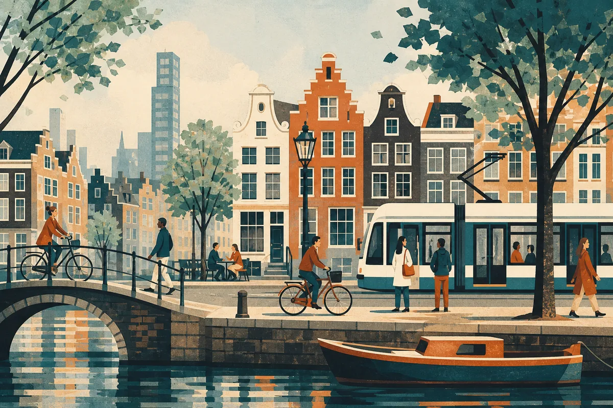 Editorial illustration of a Dutch canal street with bicycles, a tram and mixed historic and modern buildings