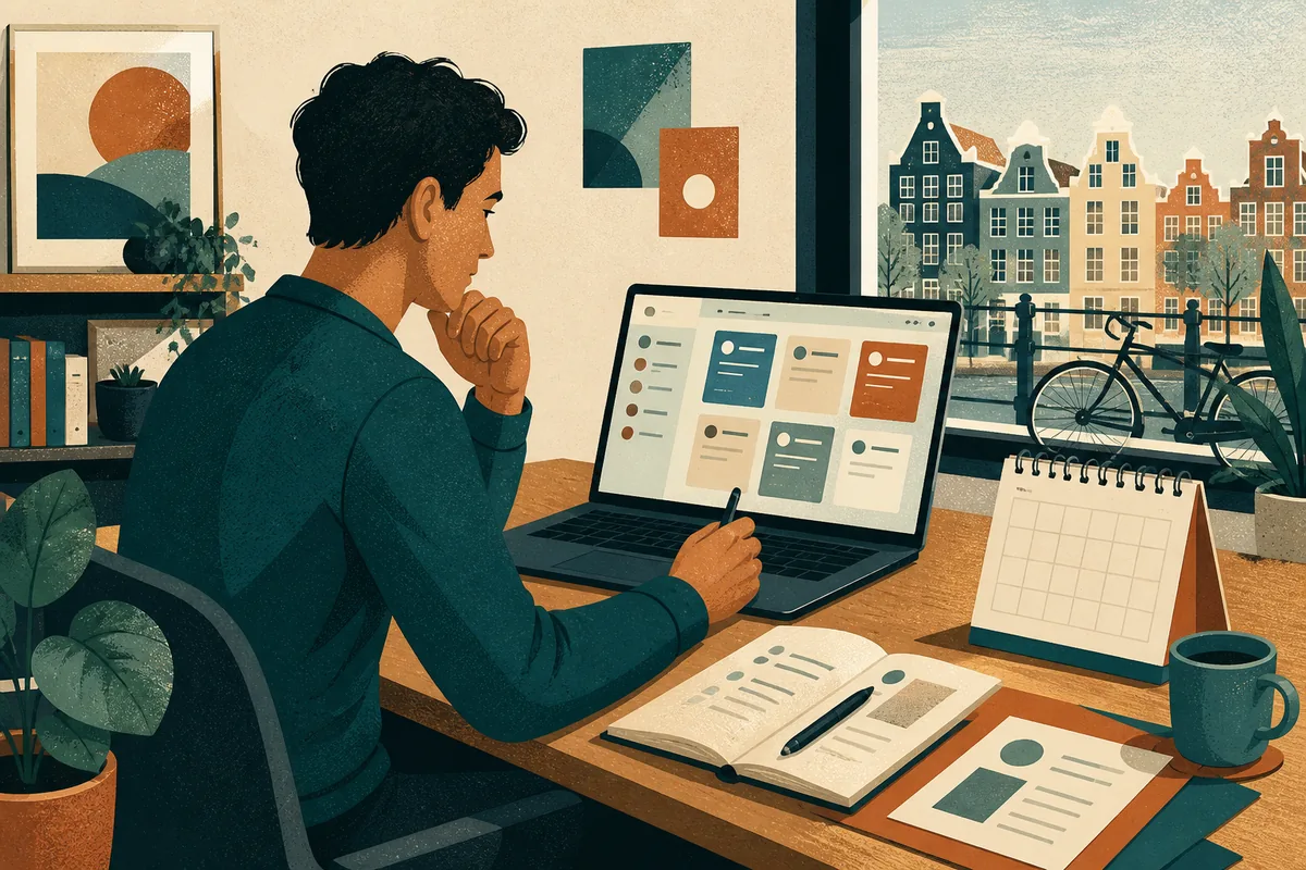 Editorial illustration of a person comparing job vacancies at a desk in a Dutch city