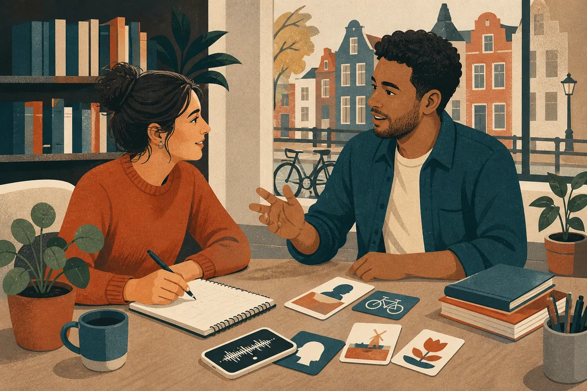 Editorial illustration of two adults practising Dutch conversation with a notebook and listening exercise