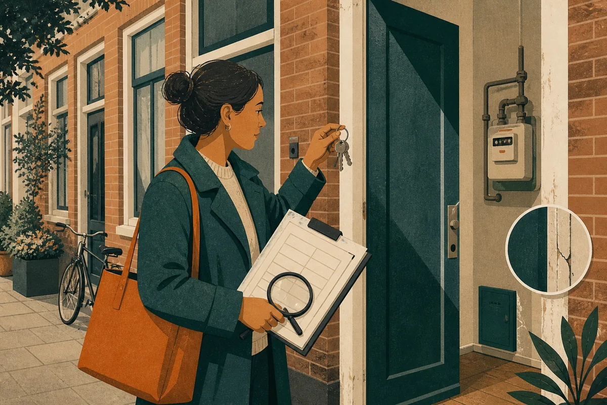 Editorial illustration of a person inspecting a Dutch rental home with keys and a viewing checklist